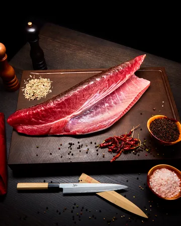A raw tuna loin on a dark wooden board with spices
