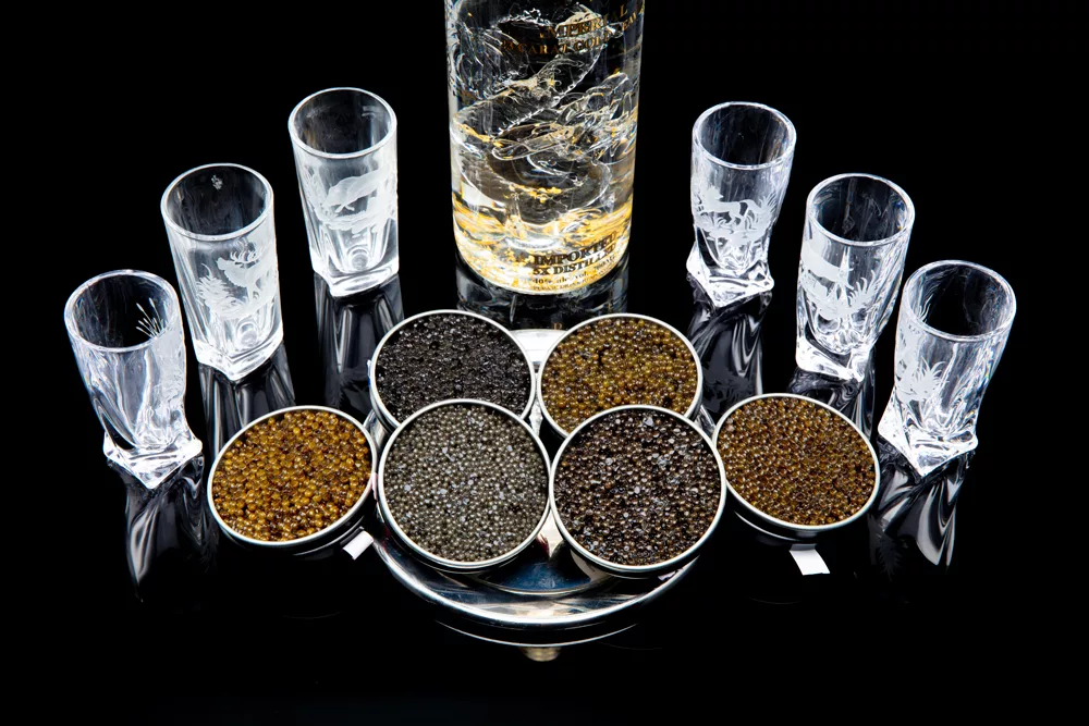 Open tins of sturgeon caviar in several grades