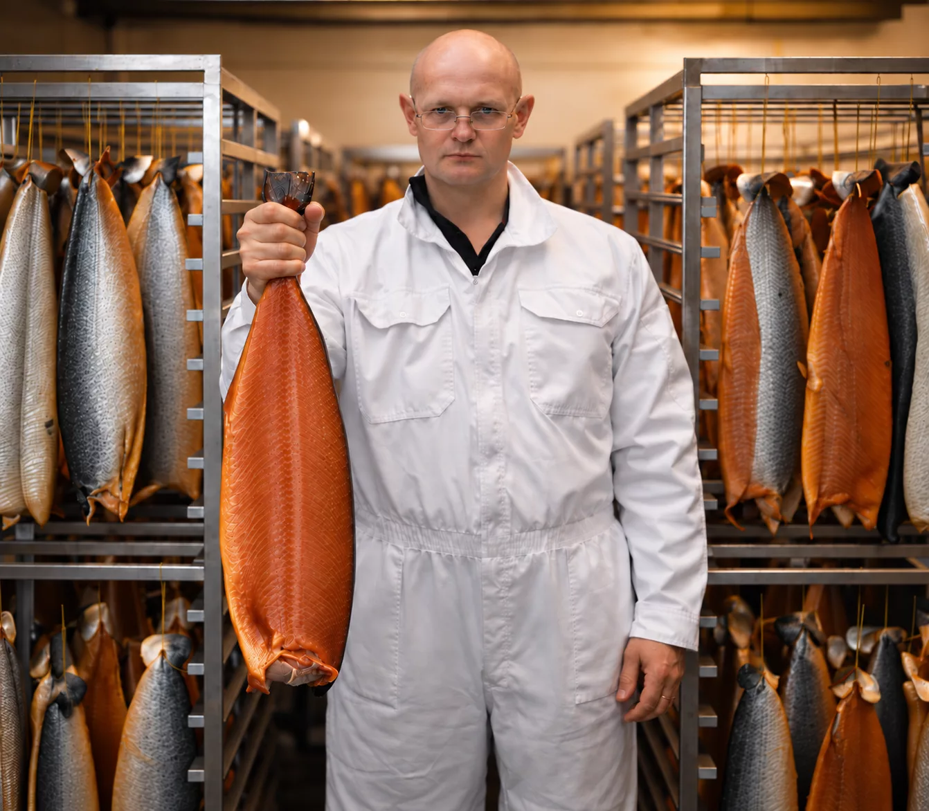 Smokehouse master holding a whole side of cold smoked Atlantic salmon in the maturation room of a Norwegian smokehouse